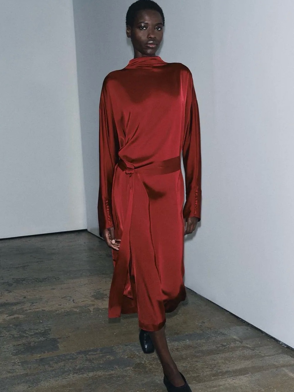 Zara Rust Red Satin Long-Sleeve Wrap Midi Dress